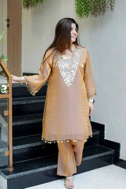 Gold Fendy Embroidered Work with Mirror Coin Lace Palazzo Suit