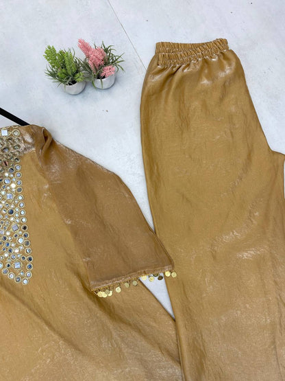 Gold Fendy Embroidered Work with Mirror Coin Lace Palazzo Suit