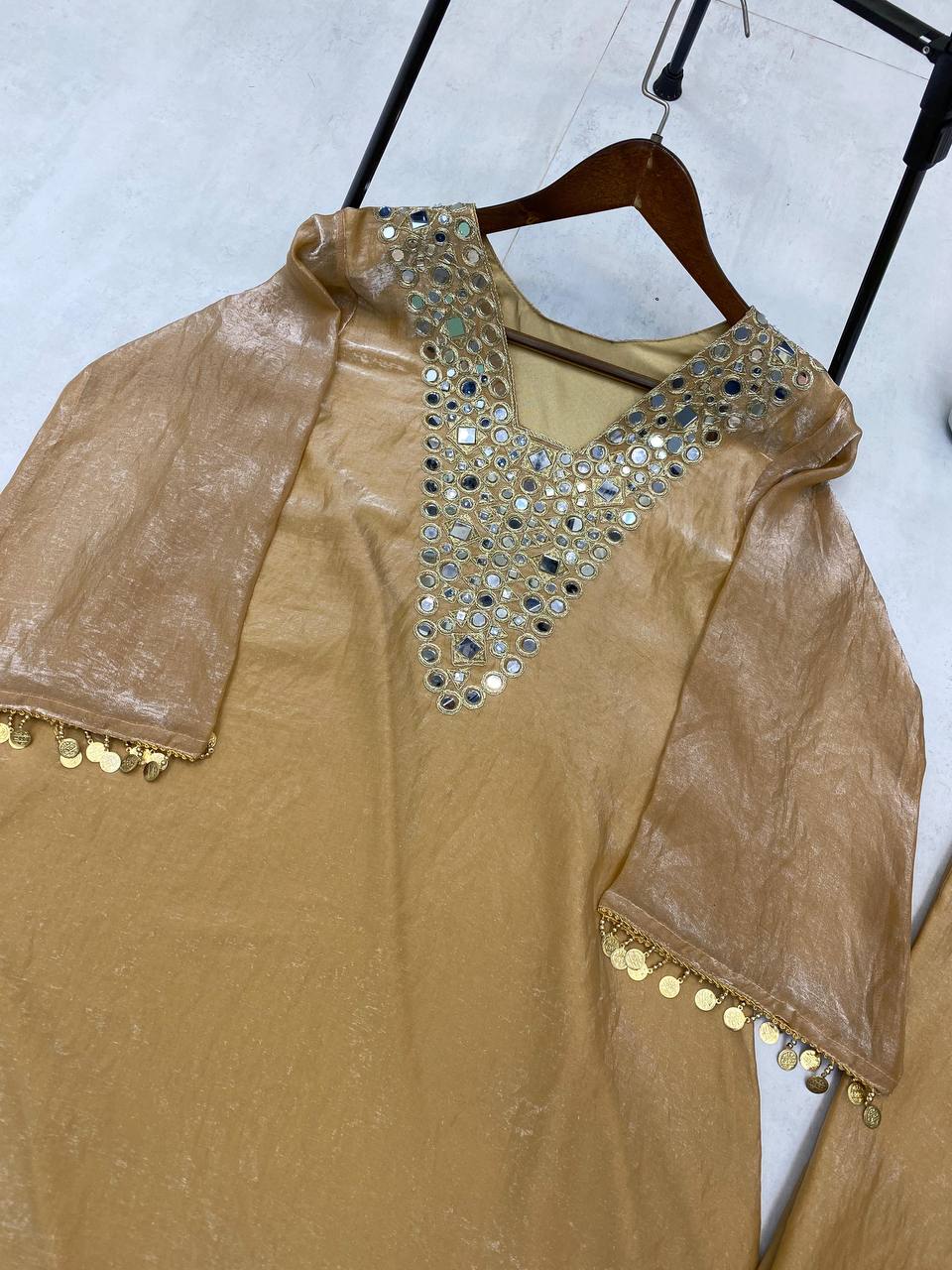 Gold Fendy Embroidered Work with Mirror Coin Lace Palazzo Suit