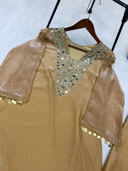 Gold Fendy Embroidered Work with Mirror Coin Lace Palazzo Suit
