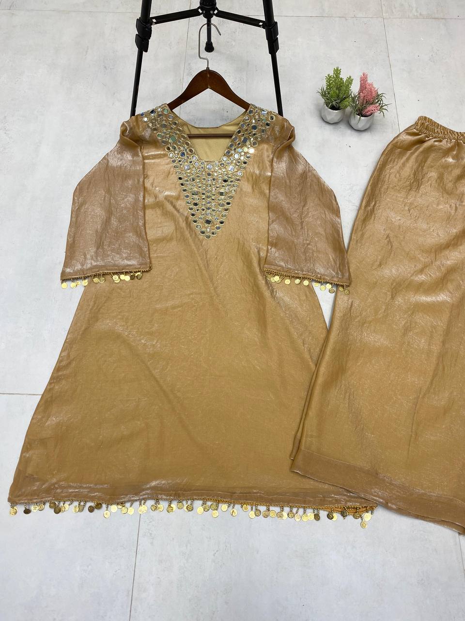 Gold Fendy Embroidered Work with Mirror Coin Lace Palazzo Suit