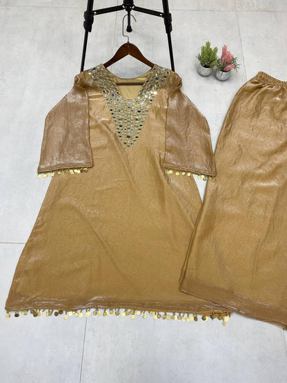 Gold Fendy Embroidered Work with Mirror Coin Lace Palazzo Suit