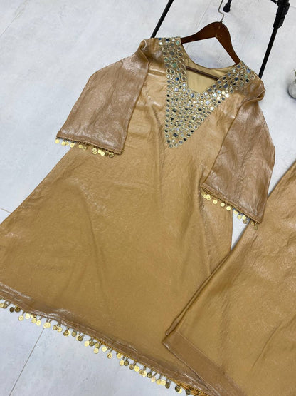 Gold Fendy Embroidered Work with Mirror Coin Lace Palazzo Suit