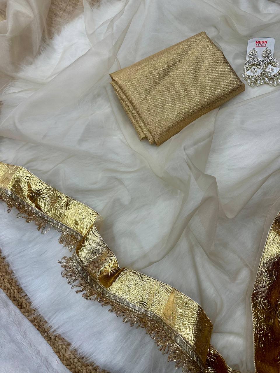 Gold Glass Tissue Saree with Gota Patti Lace Border & Rotto Silk Blouse