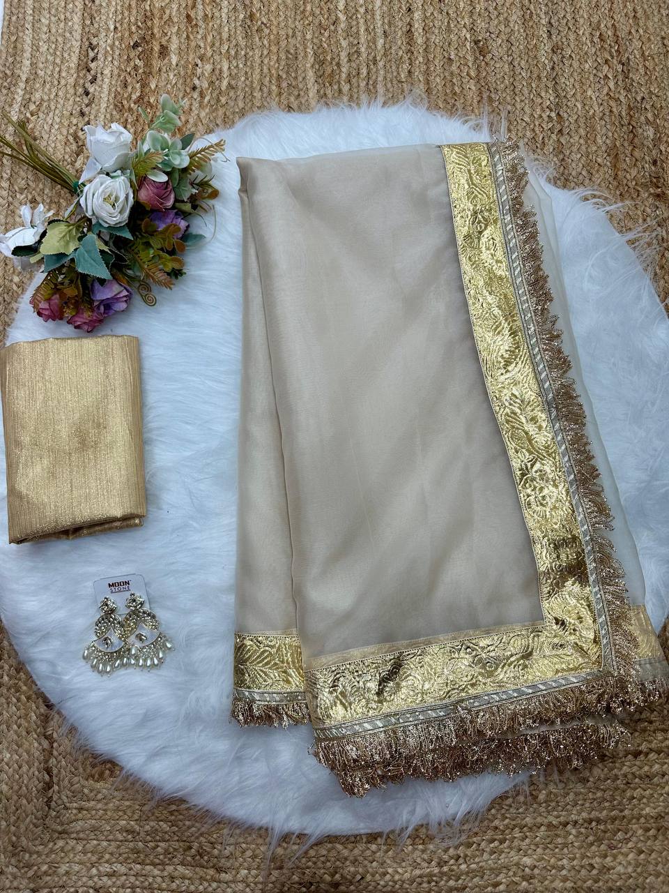 Gold Glass Tissue Saree with Gota Patti Lace Border & Rotto Silk Blouse