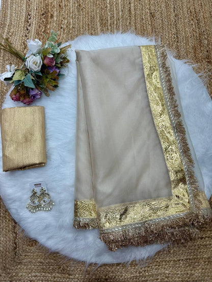 Gold Glass Tissue Saree with Gota Patti Lace Border & Rotto Silk Blouse