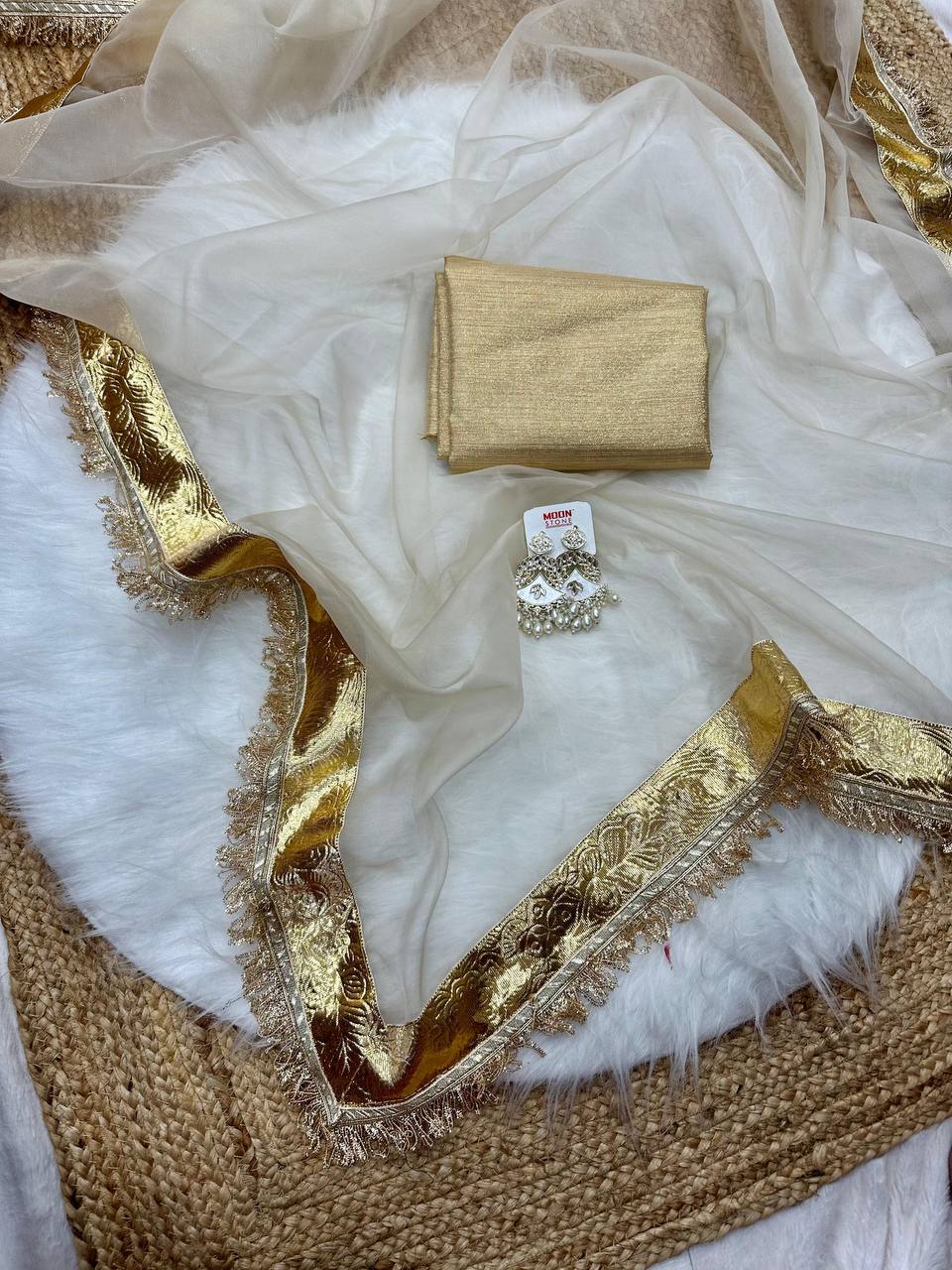 Gold Glass Tissue Saree with Gota Patti Lace Border & Rotto Silk Blouse