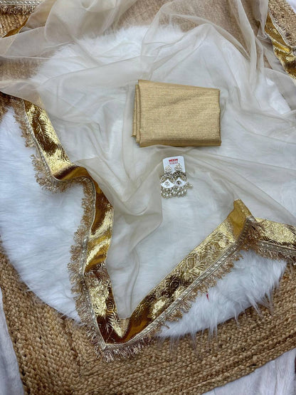 Gold Glass Tissue Saree with Gota Patti Lace Border & Rotto Silk Blouse