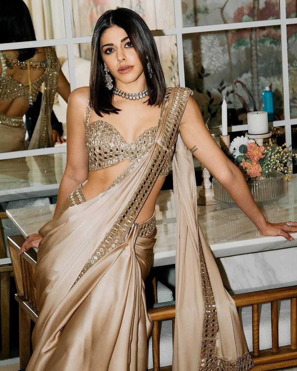 Gold Satin Silk Saree With A Mirror And Embroidery Work Blouse