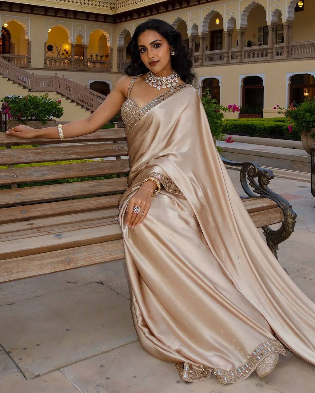Gold Satin Silk Saree With A Mirror And Embroidery Work Blouse