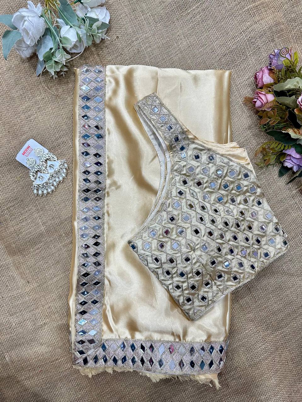 Gold Satin Silk Saree With A Mirror And Embroidery Work Blouse