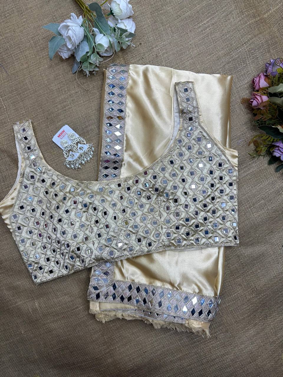 Gold Satin Silk Saree With A Mirror And Embroidery Work Blouse