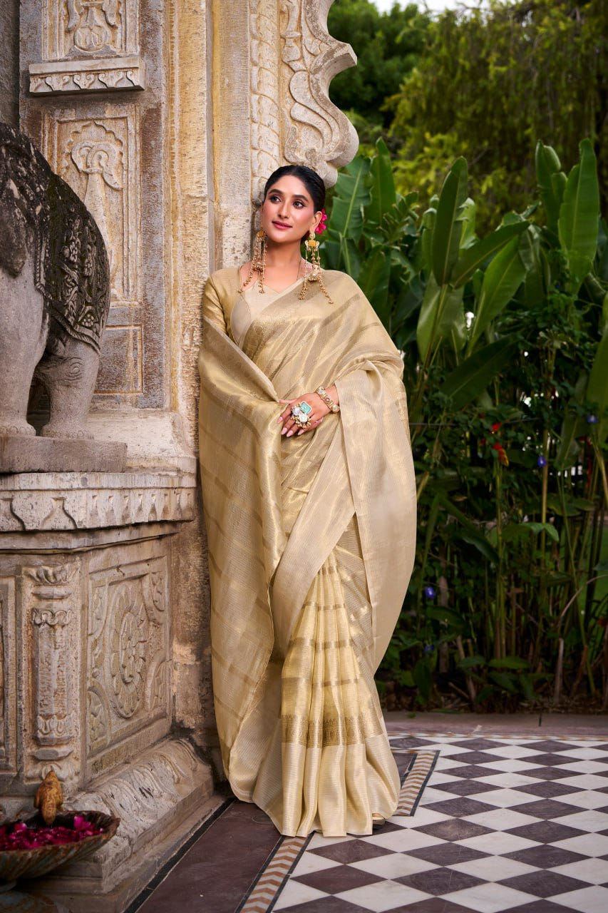 Gold Tissue Zari Weaving Royal Festive Saree with Matching Blouse 