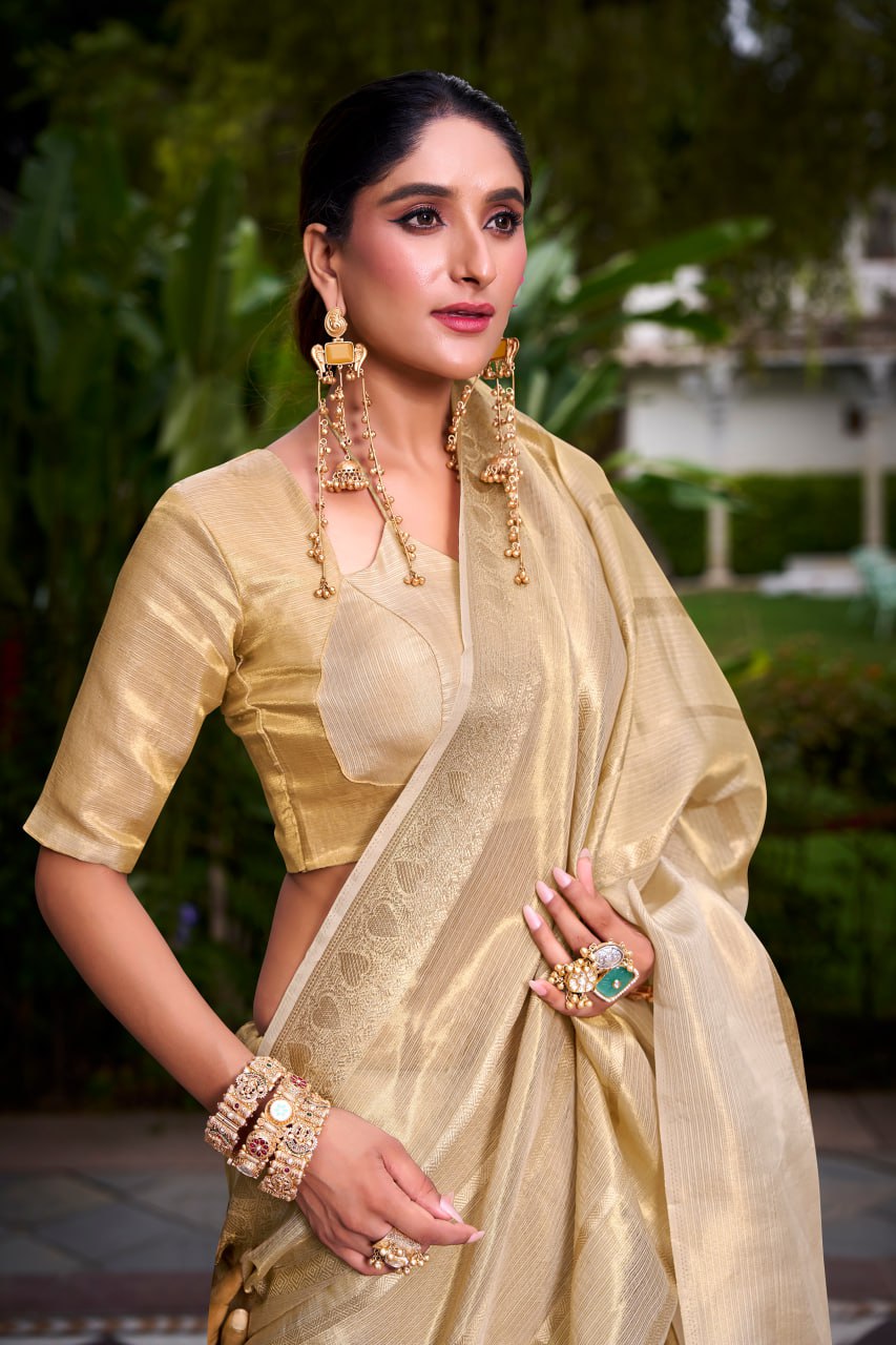 Gold Tissue Zari Weaving Royal Festive Saree with Matching Blouse 