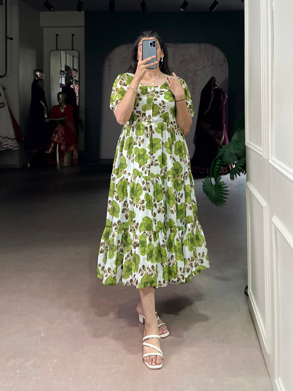 Green Flower Floral Vichitra Silk Frock – Ethnic Designer Dress
