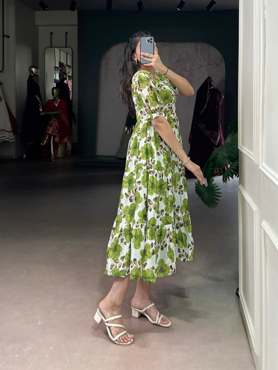 Green Flower Floral Vichitra Silk Frock – Ethnic Designer Dress