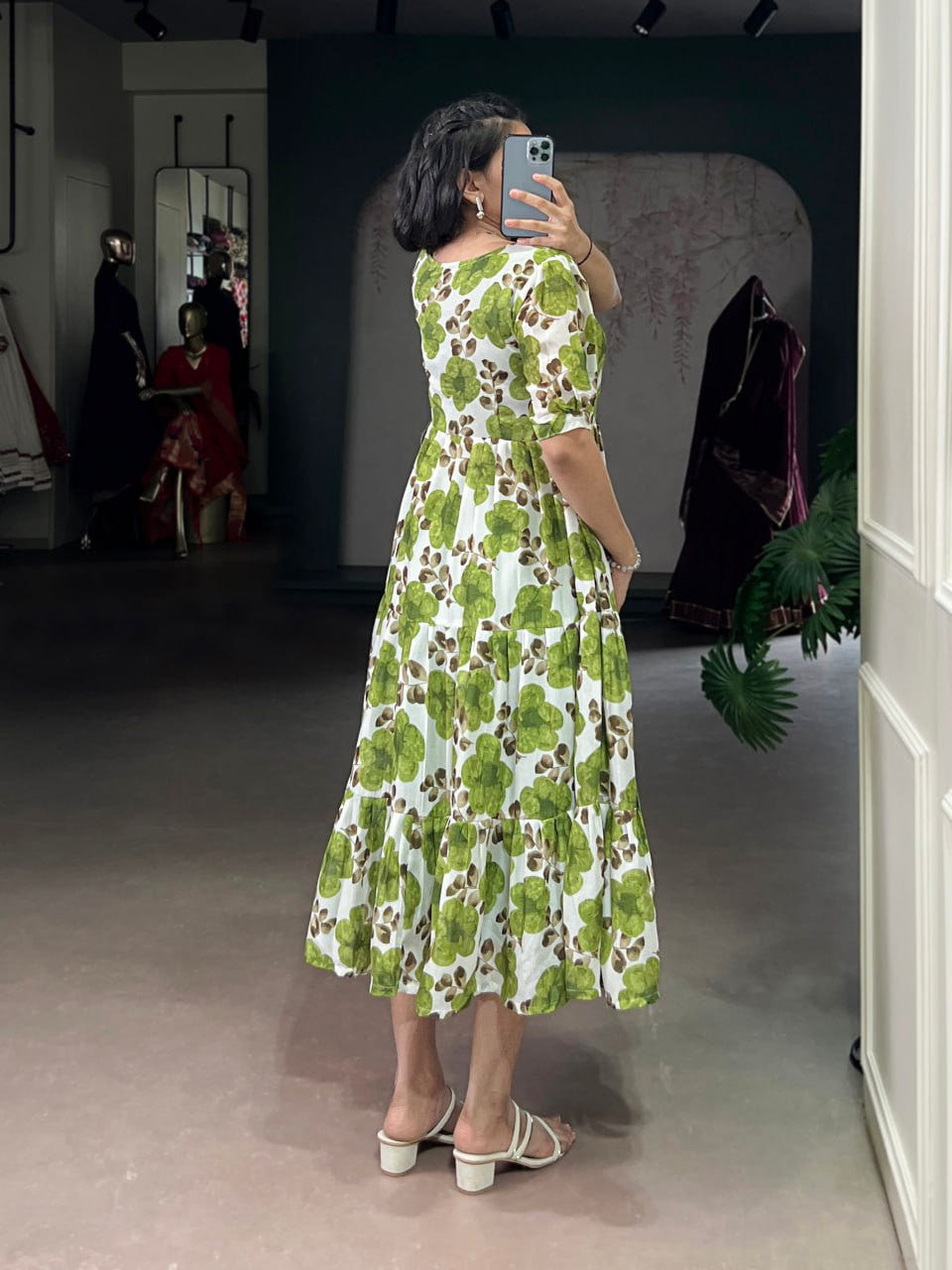 Green Flower Floral Vichitra Silk Frock – Ethnic Designer Dress