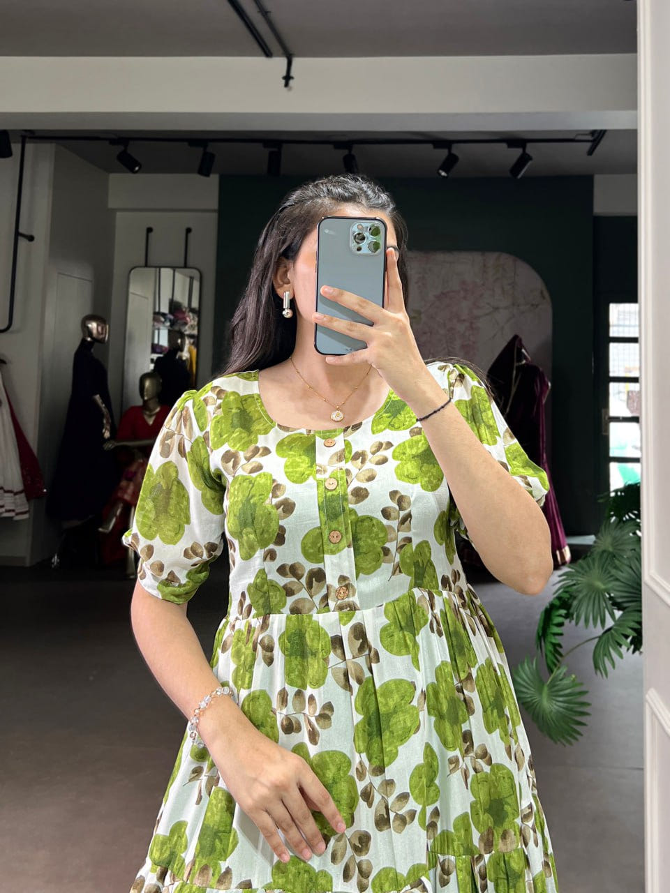 Green Flower Floral Vichitra Silk Frock – Ethnic Designer Dress