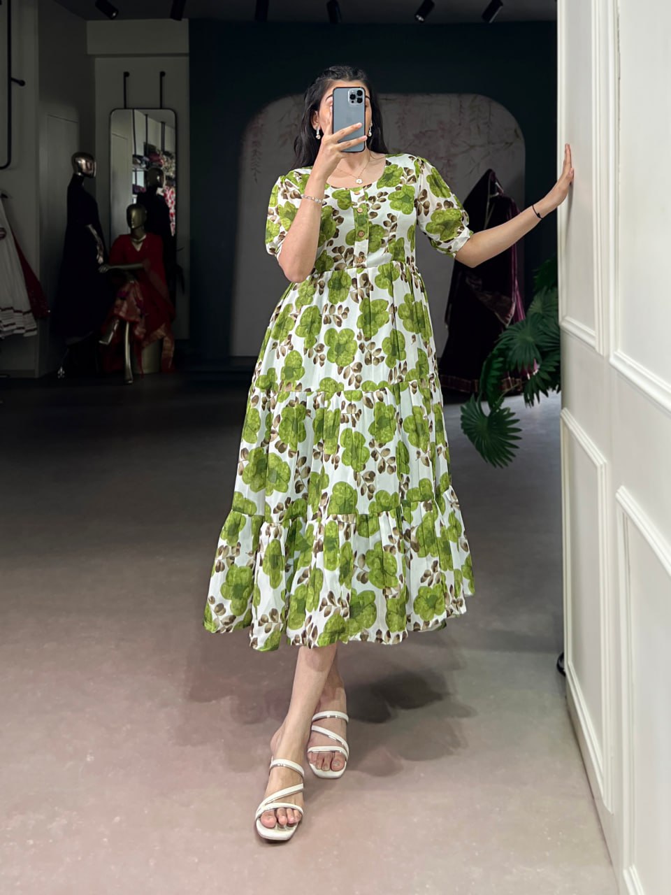 Green Flower Floral Vichitra Silk Frock – Ethnic Designer Dress