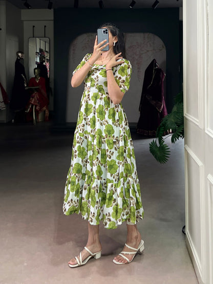 Green Flower Floral Vichitra Silk Frock – Ethnic Designer Dress