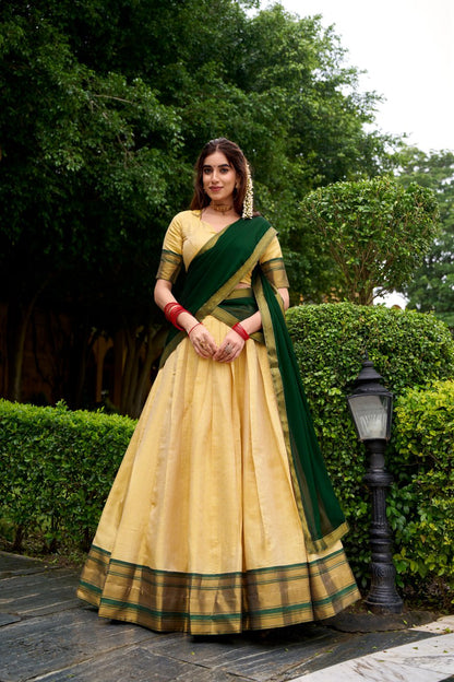 Green Kanchipuram Zari Weaving Half Saree Lehenga Choli with Dupatta