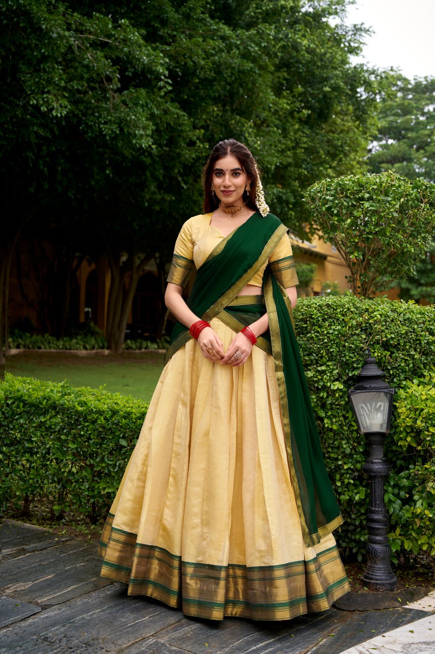 Green Kanchipuram Zari Weaving Half Saree Lehenga Choli with Dupatta