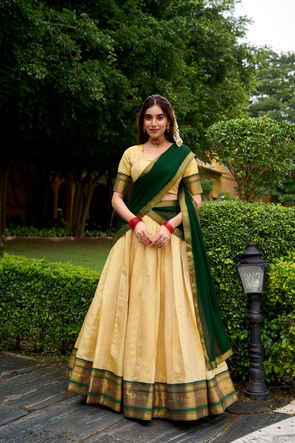 Green Kanchipuram Zari Weaving Half Saree Lehenga Choli with Dupatta