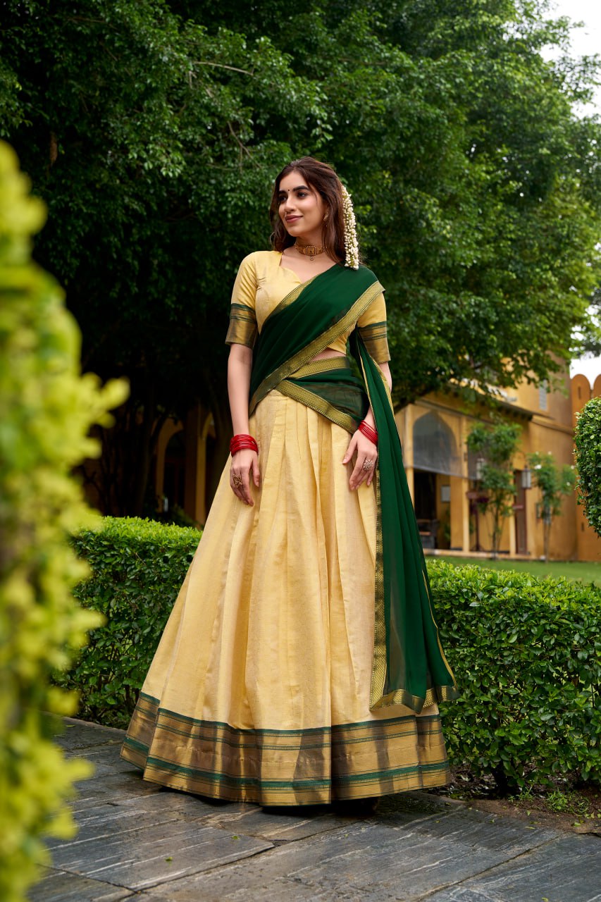 Green Kanchipuram Zari Weaving Half Saree Lehenga Choli with Dupatta