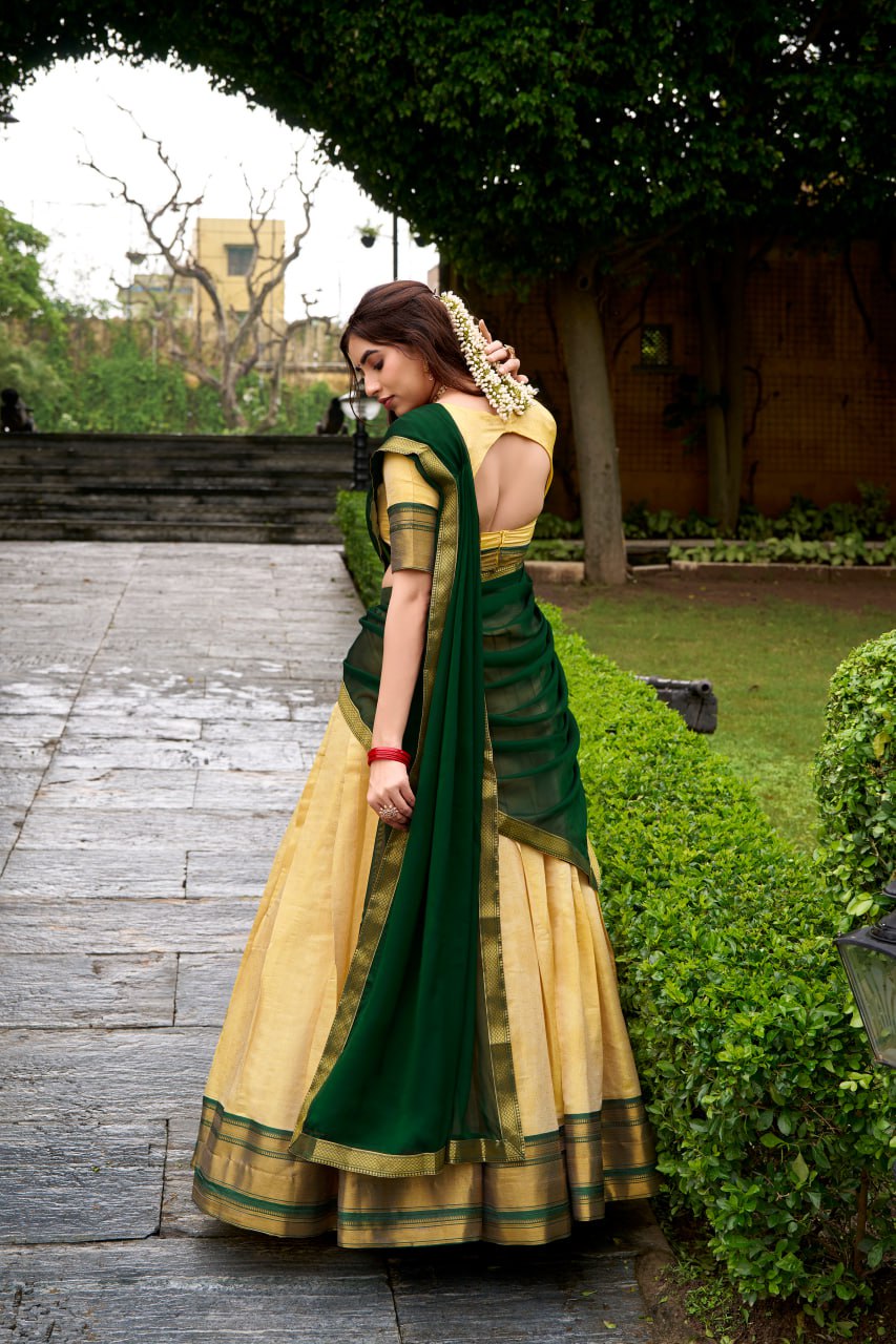 Green Kanchipuram Zari Weaving Half Saree Lehenga Choli with Dupatta