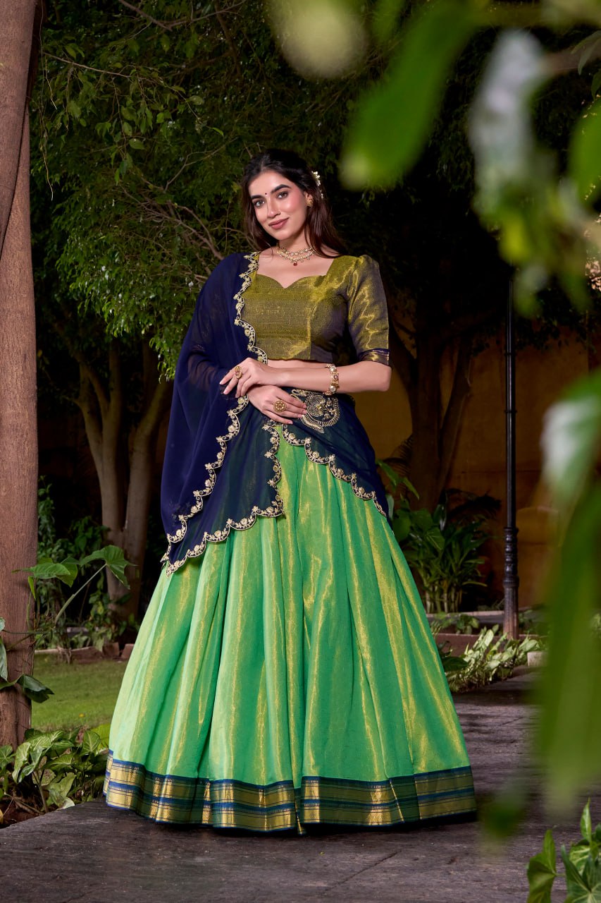 Green Kanchipuram Zari Weaving Royal Festive Lehenga Choli