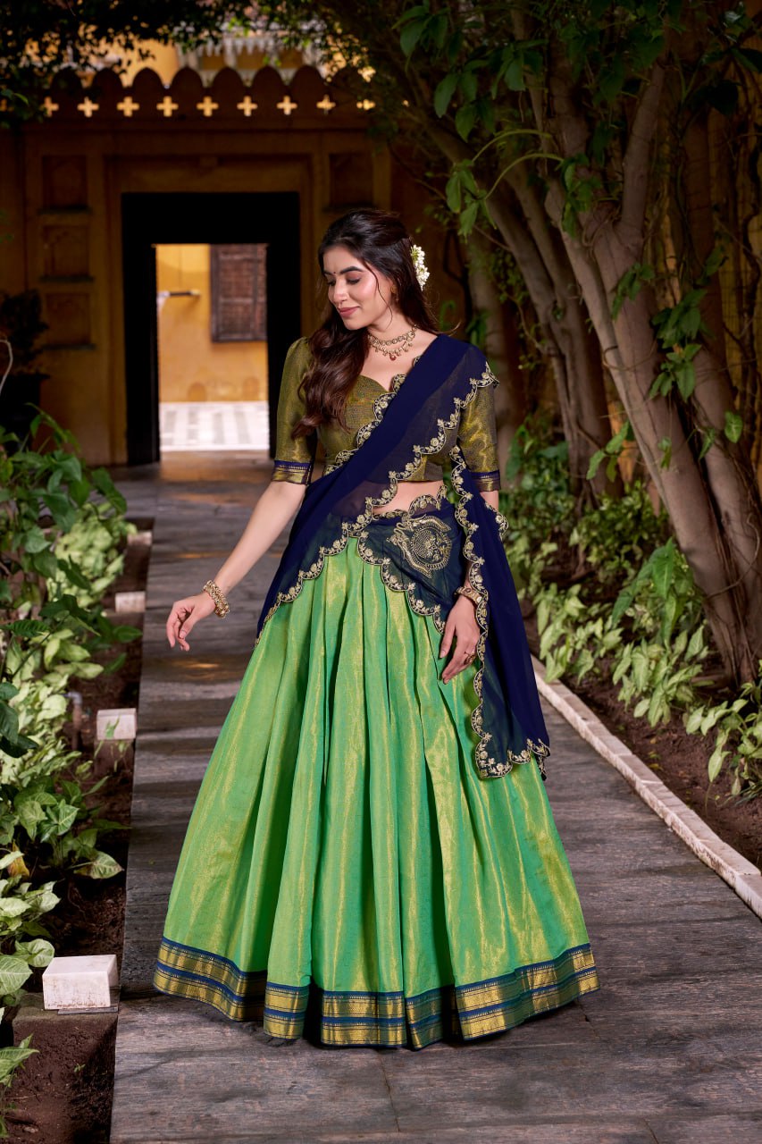 Green Kanchipuram Zari Weaving Royal Festive Lehenga Choli