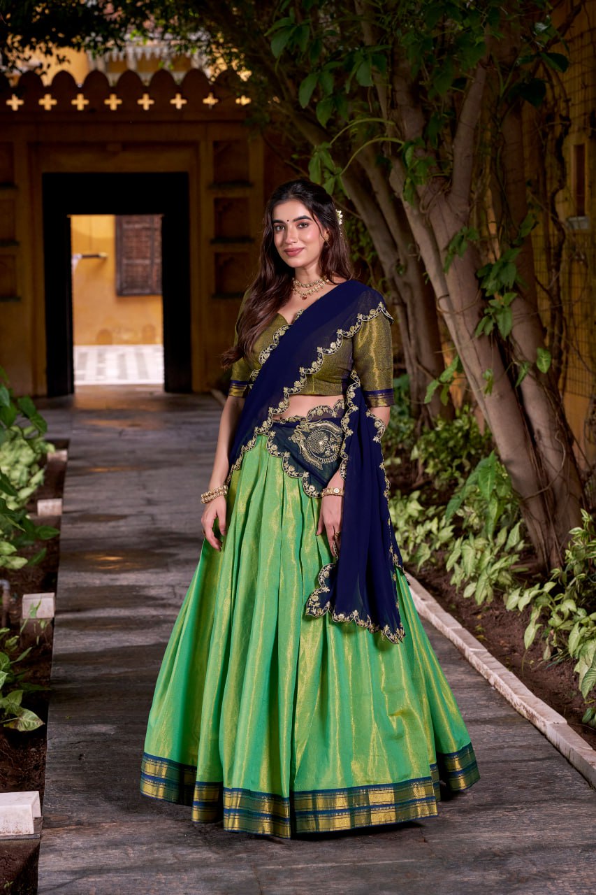 Green Kanchipuram Zari Weaving Royal Festive Lehenga Choli