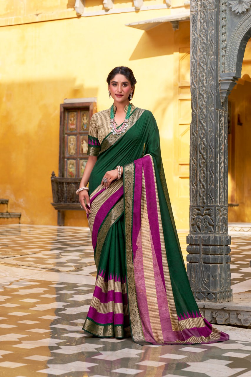Green Poly Cotton Printed Zari Saree with A Pink Border