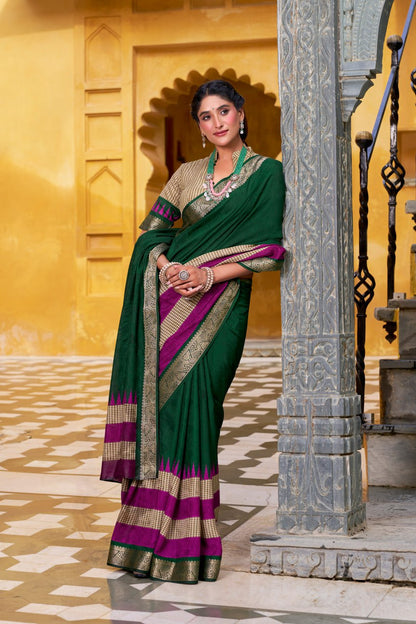 Green Poly Cotton Printed Zari Saree with A Pink Border