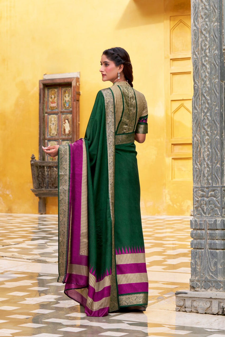 Green Poly Cotton Printed Zari Saree with A Pink Border