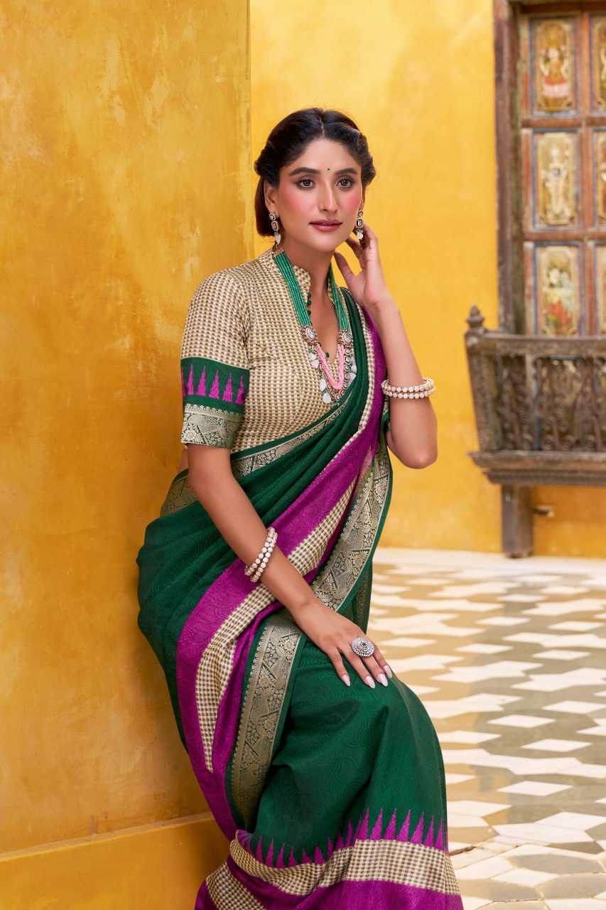 Green Poly Cotton Printed Zari Saree with A Pink Border