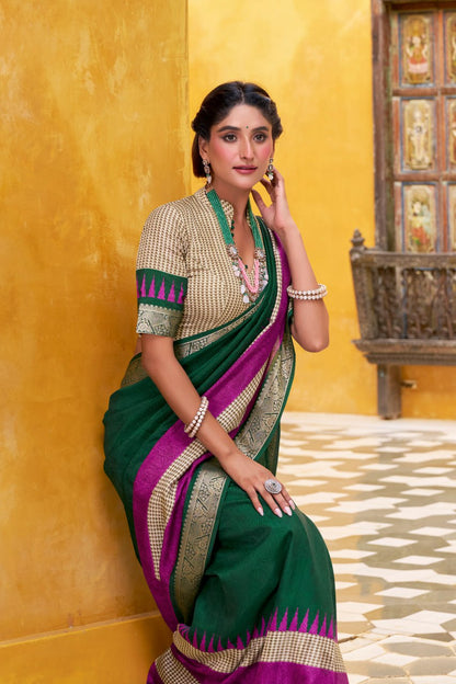 Green Poly Cotton Printed Zari Saree with A Pink Border