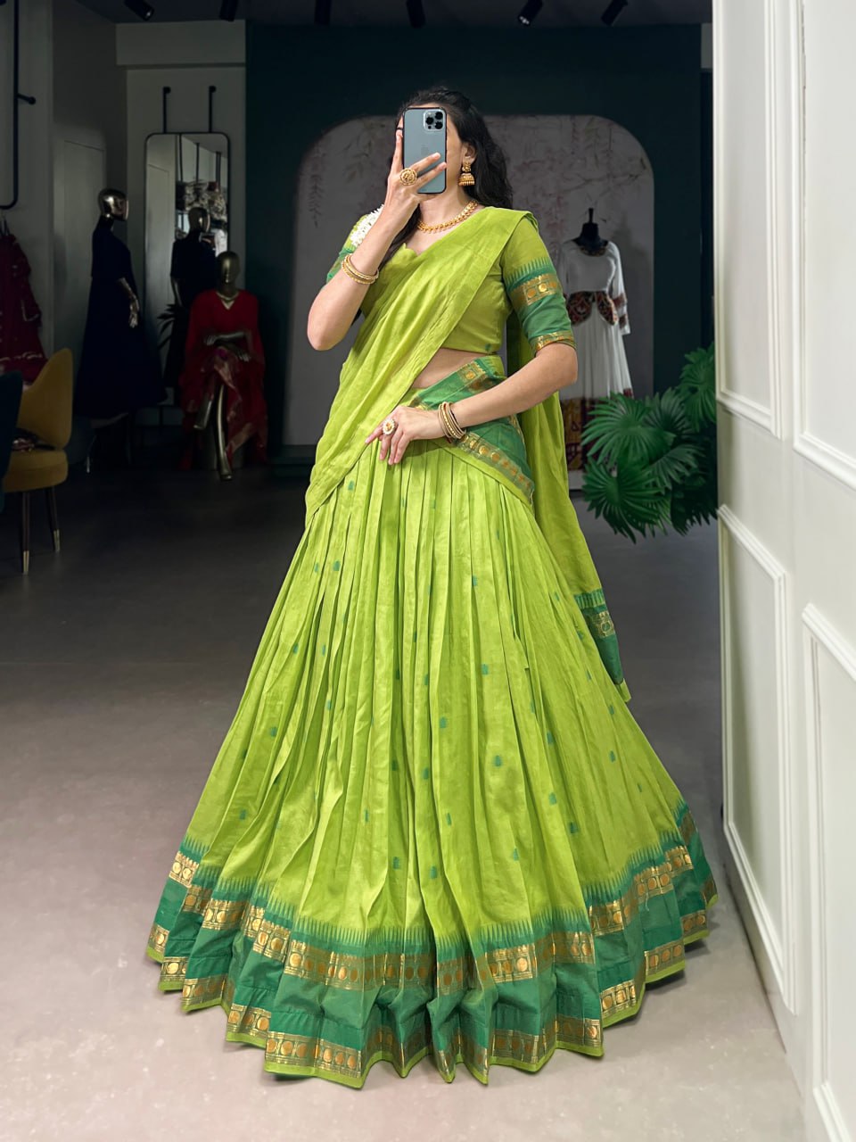 Green Pure Chanderi Zari Weaving Saree Lehenga Choli Set with Dupatta