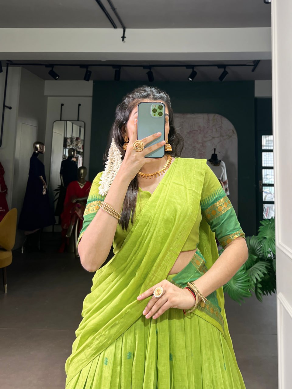 Green Pure Chanderi Zari Weaving Saree Lehenga Choli Set with Dupatta