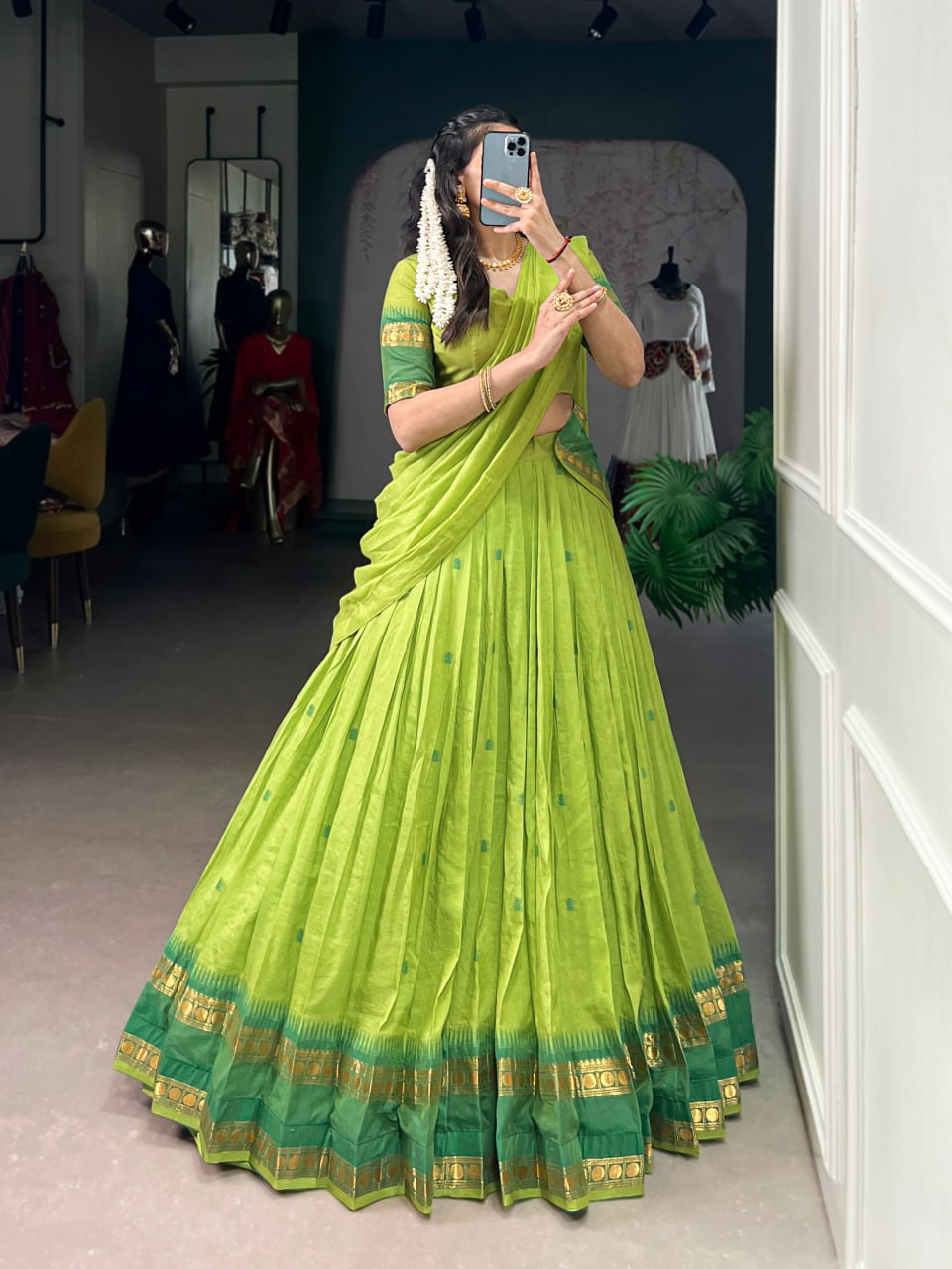 Green Pure Chanderi Zari Weaving Saree Lehenga Choli Set with Dupatta