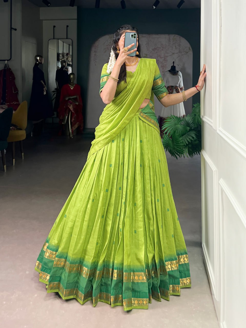Green Pure Chanderi Zari Weaving Saree Lehenga Choli Set with Dupatta