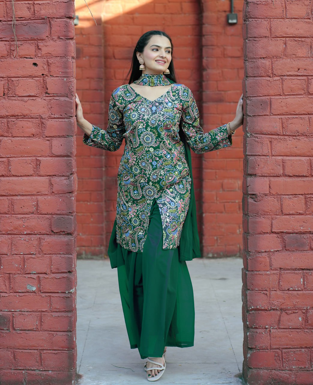 Green Tapeta Silk Embroidered Sharara Suit with Sequins & Real Mirror Work