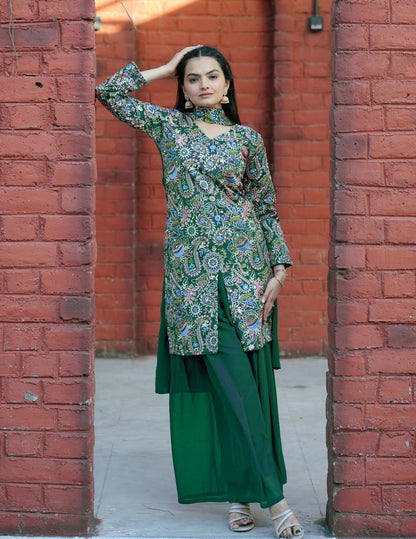 Green Tapeta Silk Embroidered Sharara Suit with Sequins & Real Mirror Work