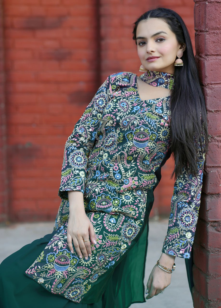 Green Tapeta Silk Embroidered Sharara Suit with Sequins & Real Mirror Work