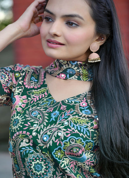 Green Tapeta Silk Embroidered Sharara Suit with Sequins & Real Mirror Work