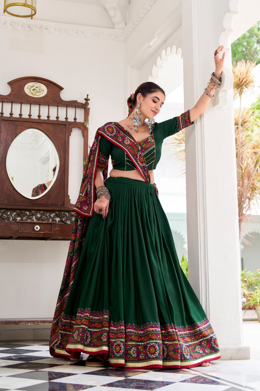 Green Tassar Silk Lehenga Choli with Gamthi Print Dupatta for Navratri-02