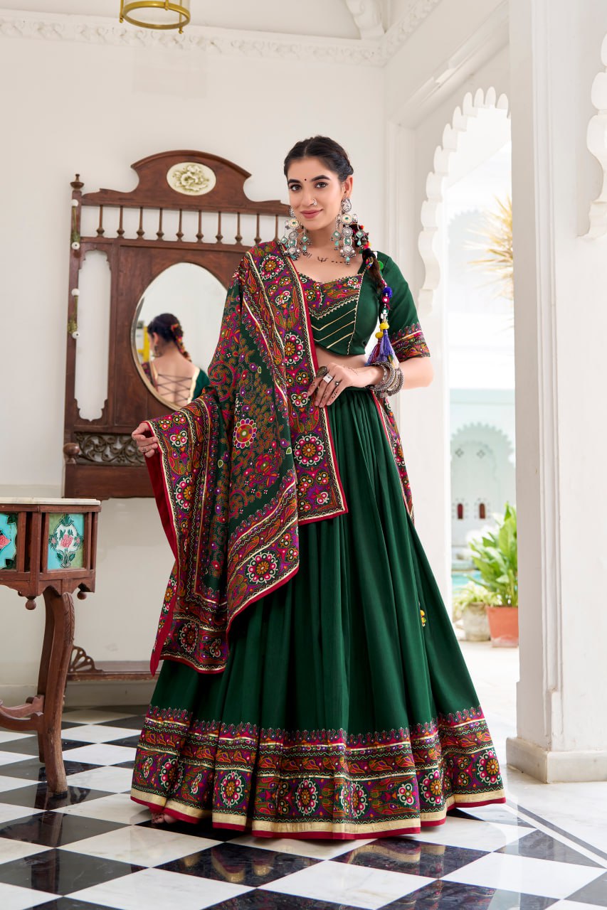 Green Tassar Silk Lehenga Choli with Gamthi Print Dupatta for Navratri-5