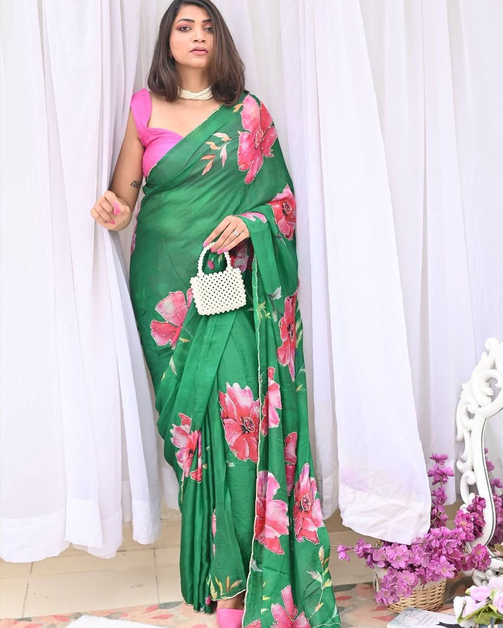 Green Tebi Silk Digital Printed Saree with Handwork Satin Silk Blouse