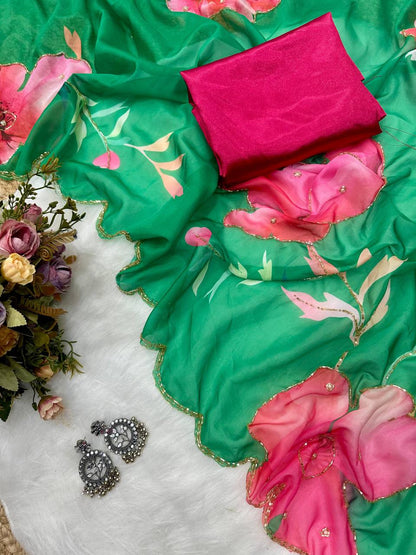 Green Tebi Silk Digital Printed Saree with Handwork Satin Silk Blouse