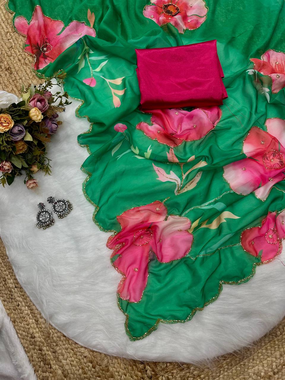 Green Tebi Silk Digital Printed Saree with Handwork Satin Silk Blouse